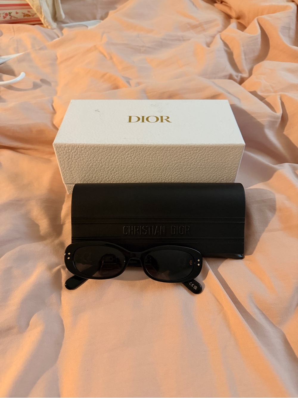 Dior Black Oval Sunglasses with Black Case and White Dior Box